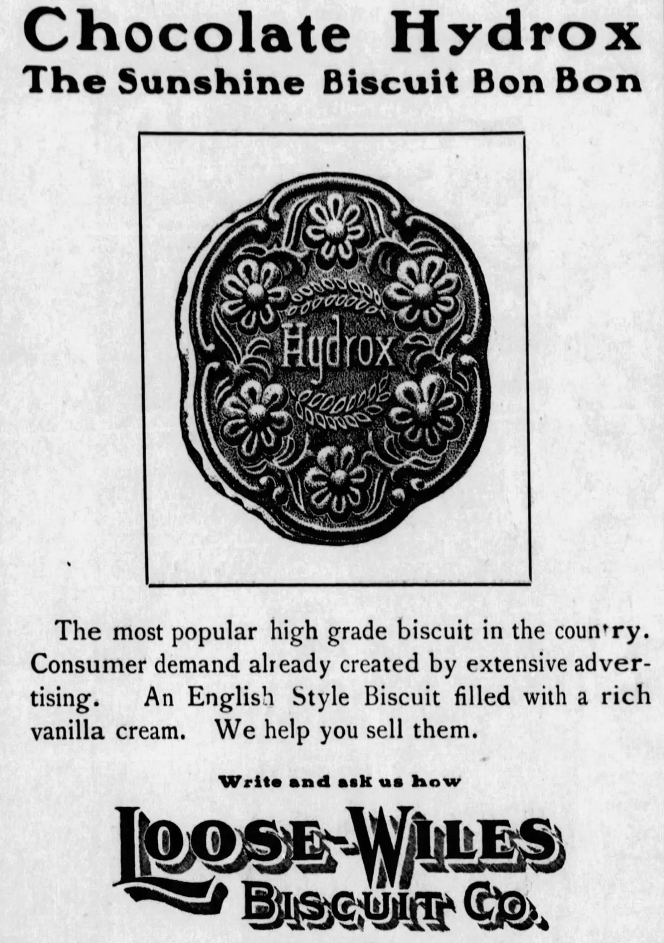 Hydrox Chocolate Bon Bon ad from the Merchant's Journal 1910