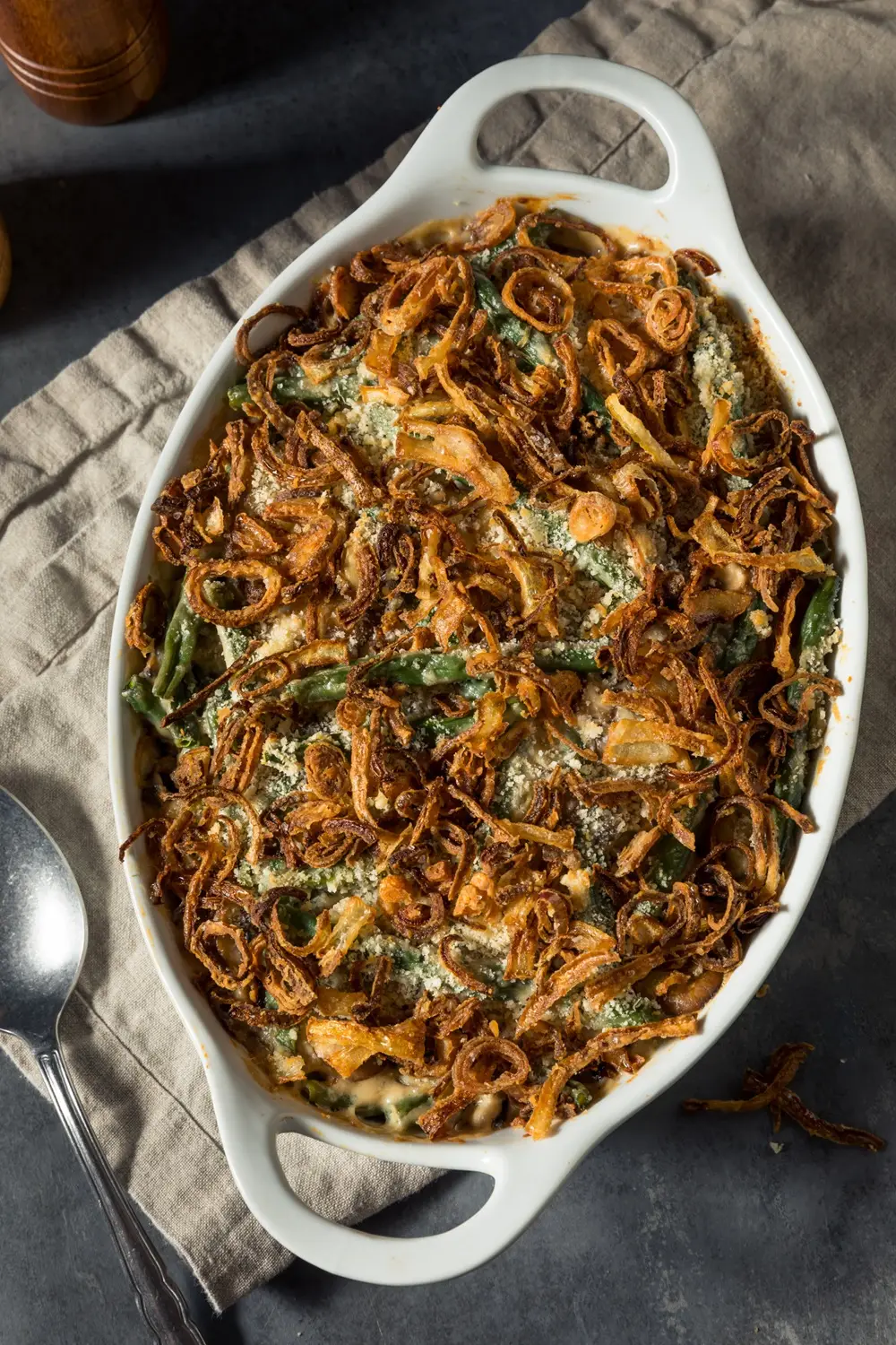 Homemade Green Bean Casserole in a white casserole dish