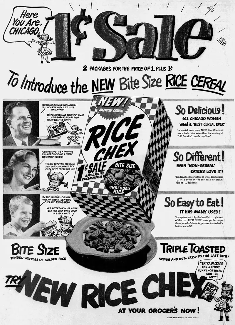 1950 ad from the Chicago Tribune for New Rice Chex cereal