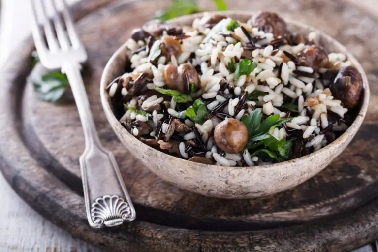 Wild rice with mushrooms in a pottery bowl