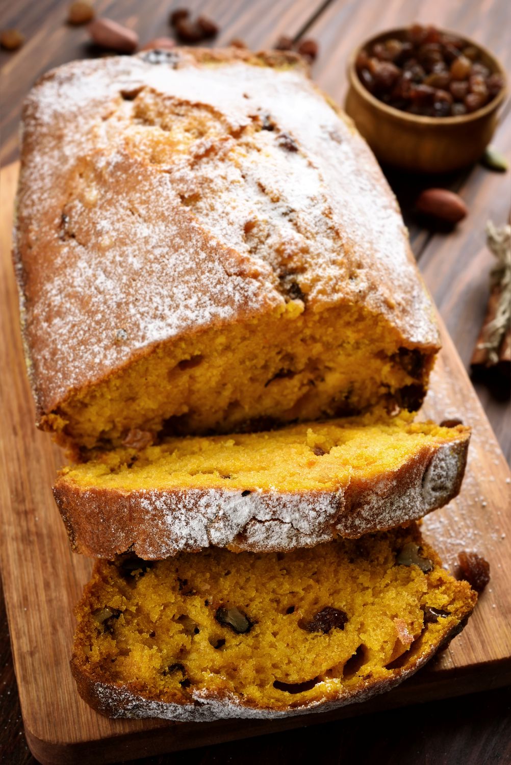 Apple cider sweet potato bread dusted with powdered sugar