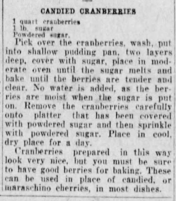 Recipe for sugared cranberries from the Dec 23, 1930 edition of the Philadelphia Inquirer.