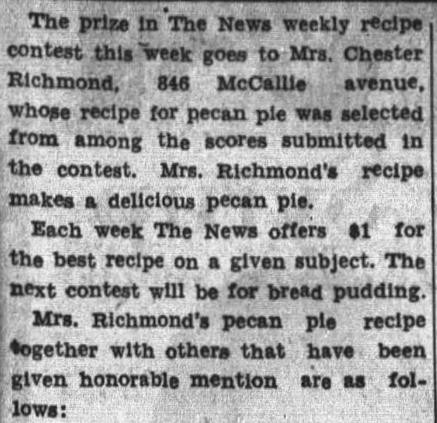 1931 Chattanooga News clipping of Mrs Chester Richmond's prize-winning pecan pie recipe