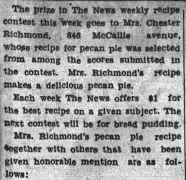 1931 Chattanooga News clipping of Mrs Chester Richmond's prize-winning pecan pie recipe