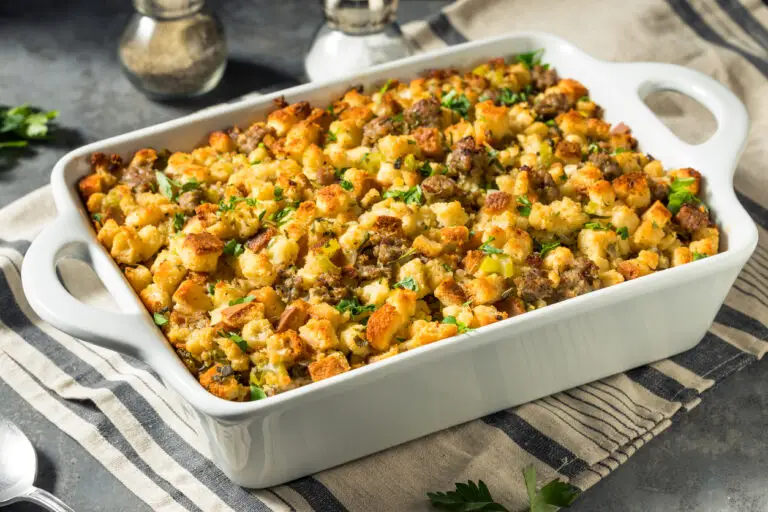 Sausage chestnut Thanksgiving stuffing in a while casserole dish