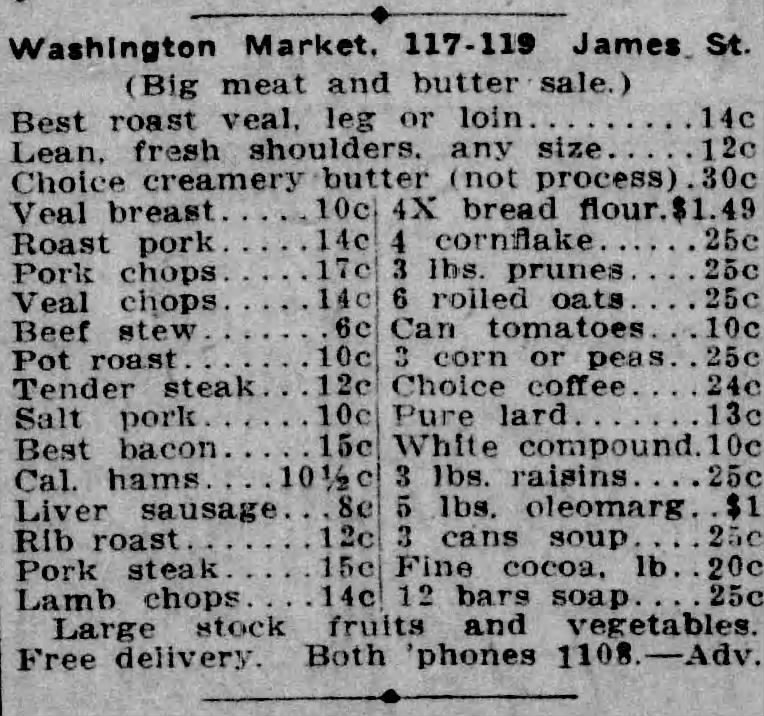 Washington Market grocery prices newspaper clipping from 1912