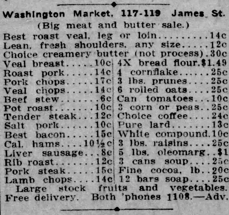 Washington Market grocery prices newspaper clipping from 1912