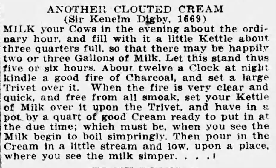 Newspaper clipping of Sir Kenelm Digby Clouted Cream