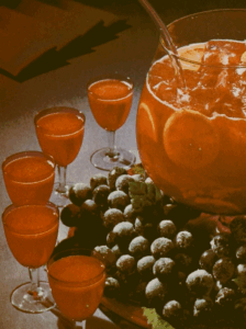1965 punch bowl with filled punch glasses