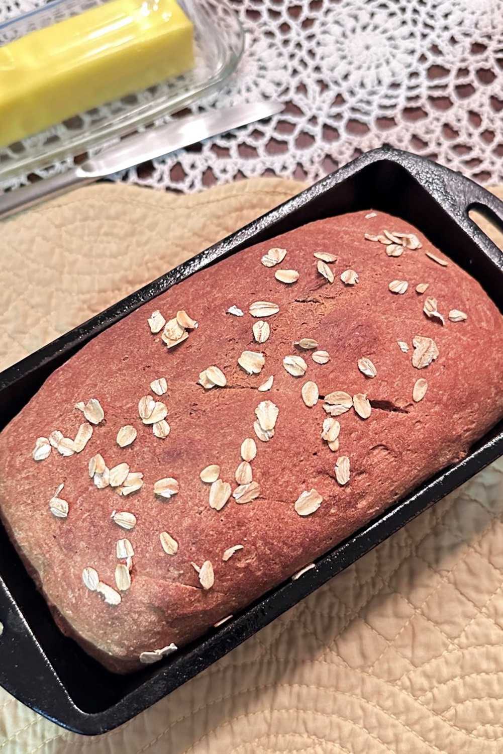 Homemade Prairie bread in a cast iron bread pan