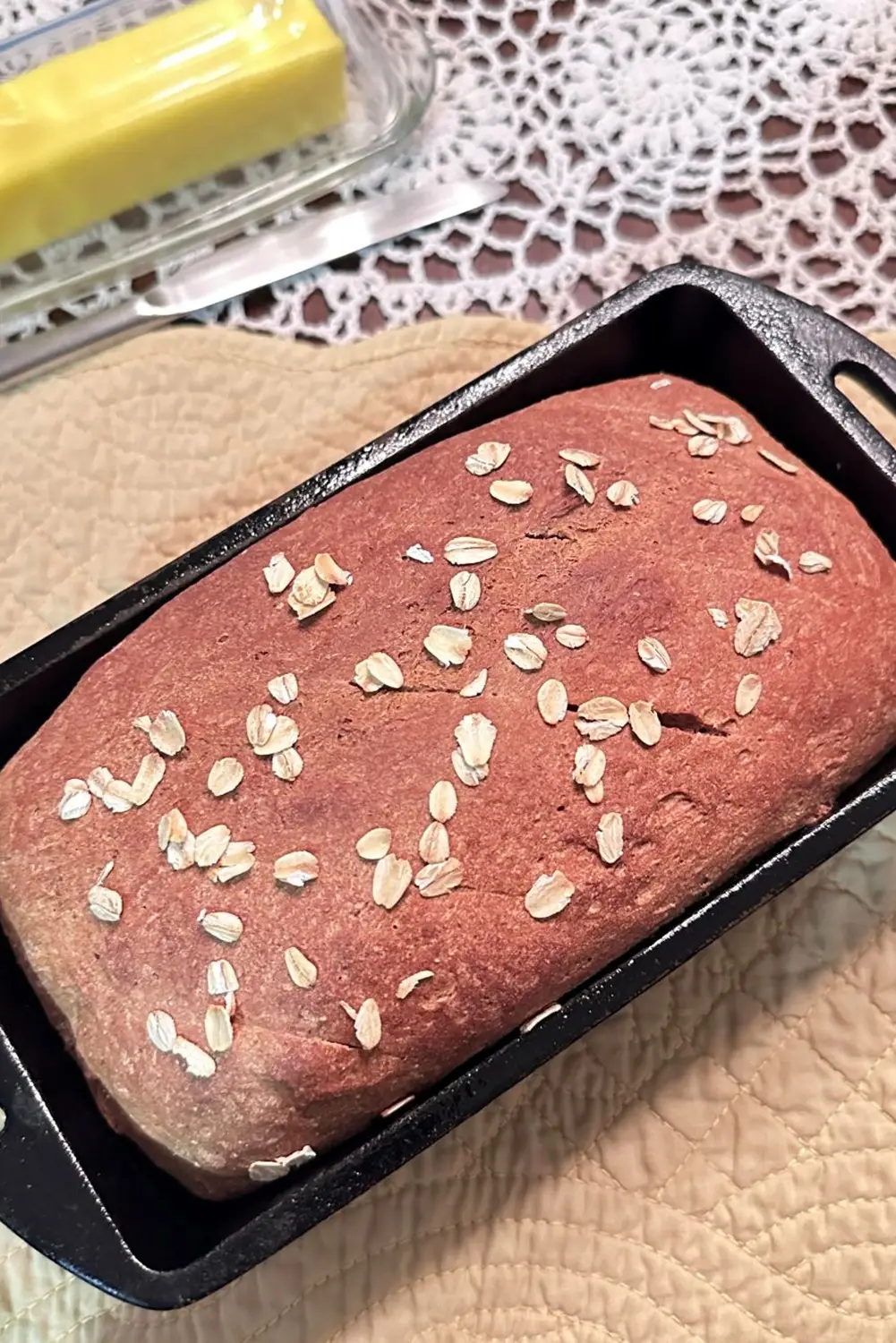 Homemade Prairie bread in a cast iron bread pan