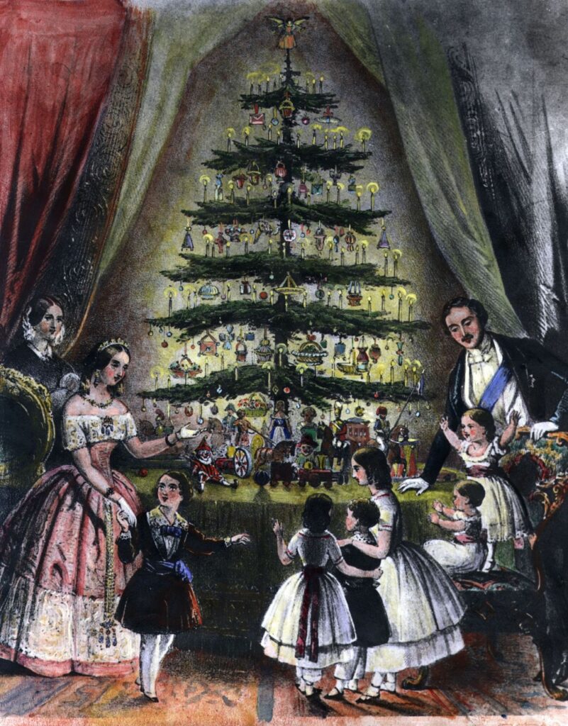1848 illustration from the Illustrated London News showing Queen Victoria, Prince Albert, and their children gathered around their Christmas tree at Windsor Castle. T