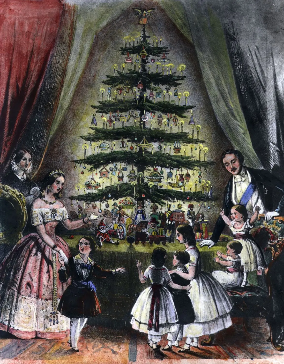 1848 illustration from the Illustrated London News showing Queen Victoria, Prince Albert, and their children gathered around their Christmas tree at Windsor Castle. T