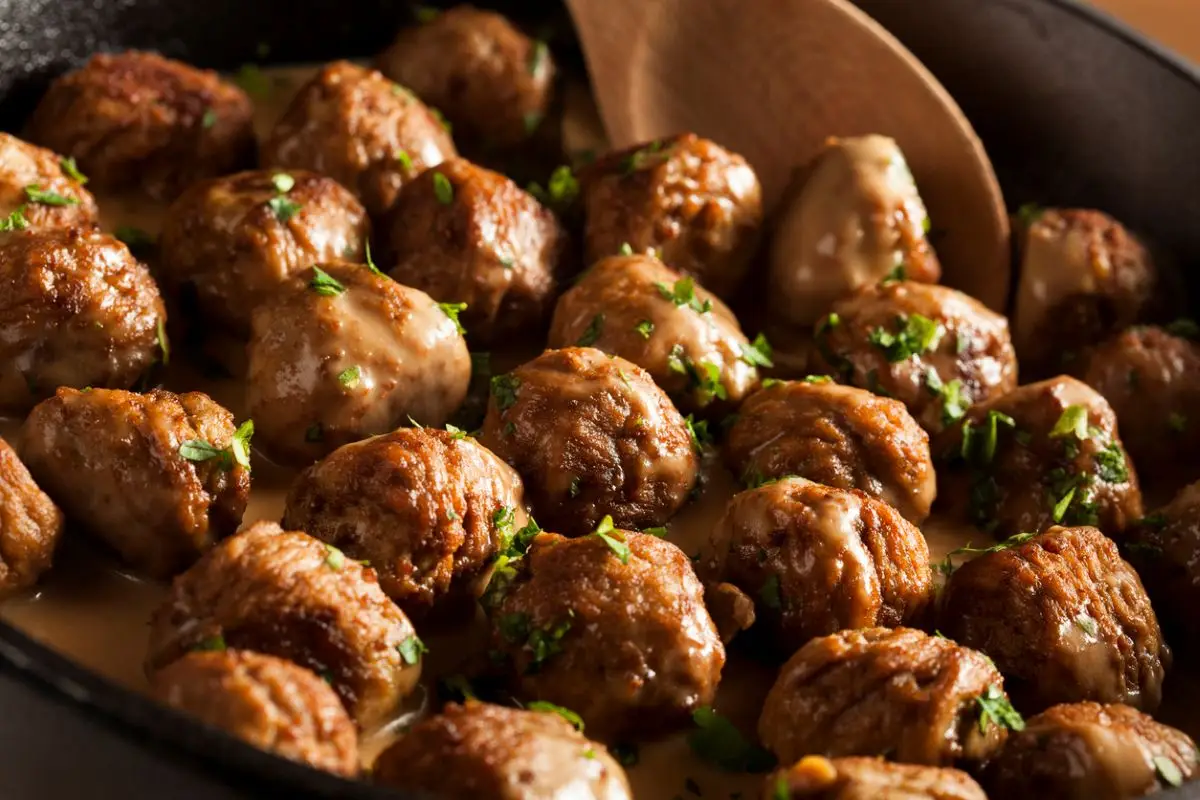 Authentic three meat Swedish meatballs in creamy brown gravy served over egg noodles, vintage 1970s recipe