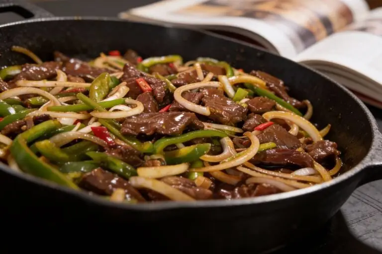 Spicy beef pepper stir fry in cast iron skillet