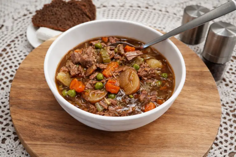 Irish lamb stew with Guinness in a white bowl