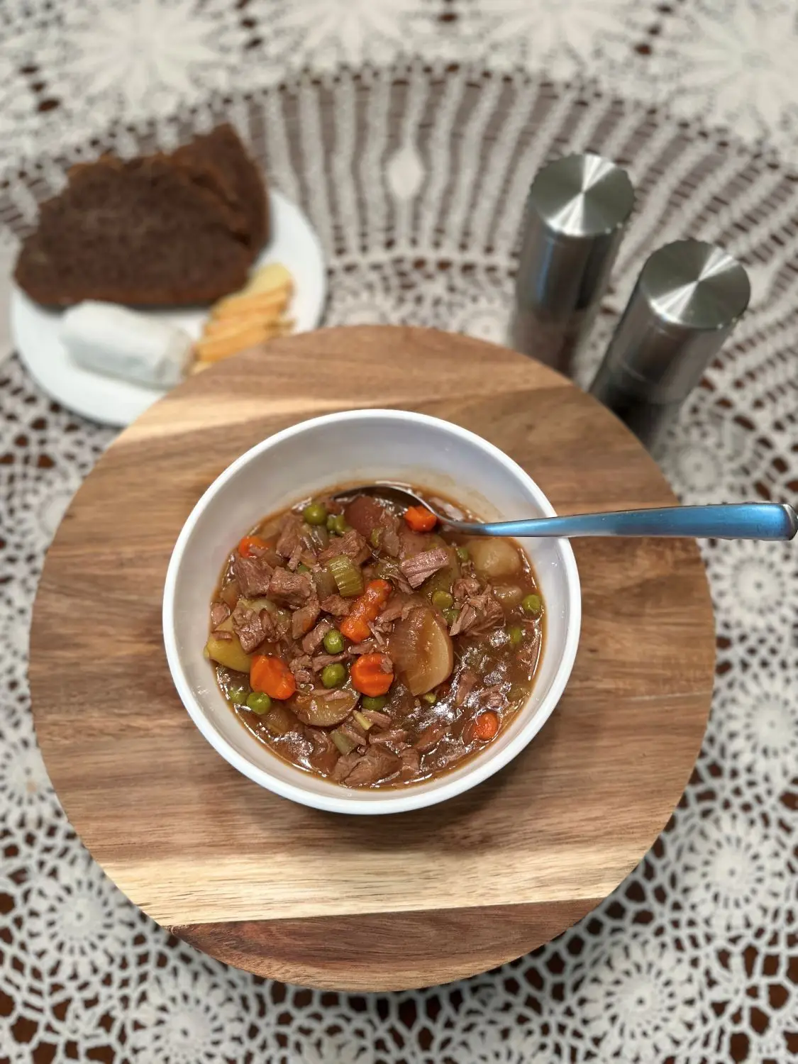 Irish lamb stew with Guinness in a white bowl