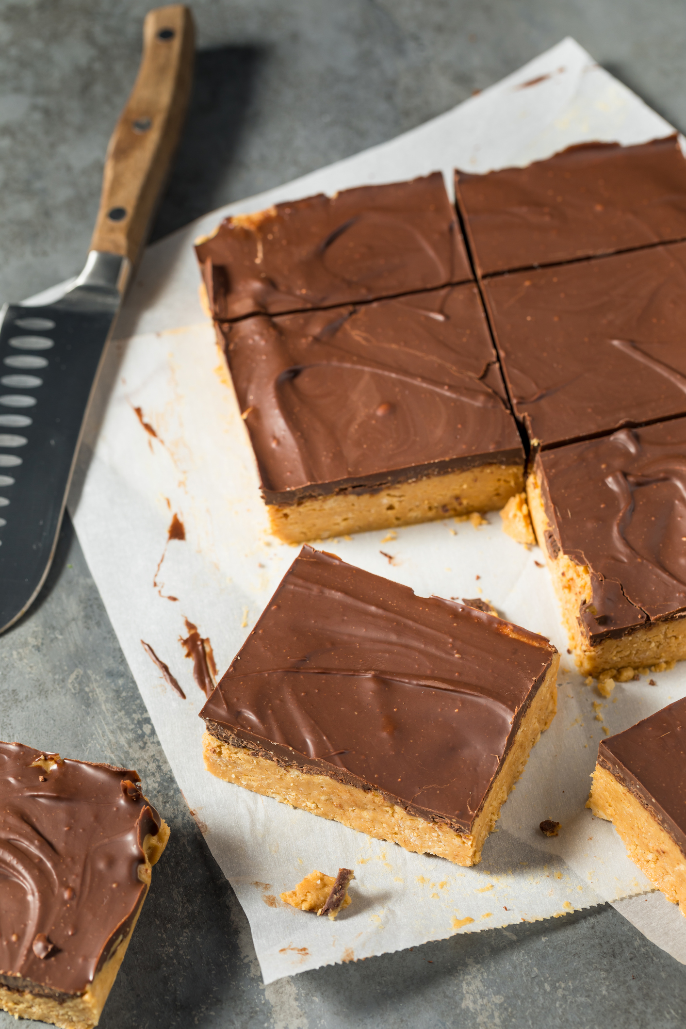 Sliced chocolate peanut butter bars.