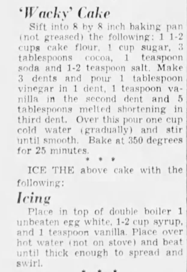 1940 Newspaper Clipping for the Wacky Cake recipe