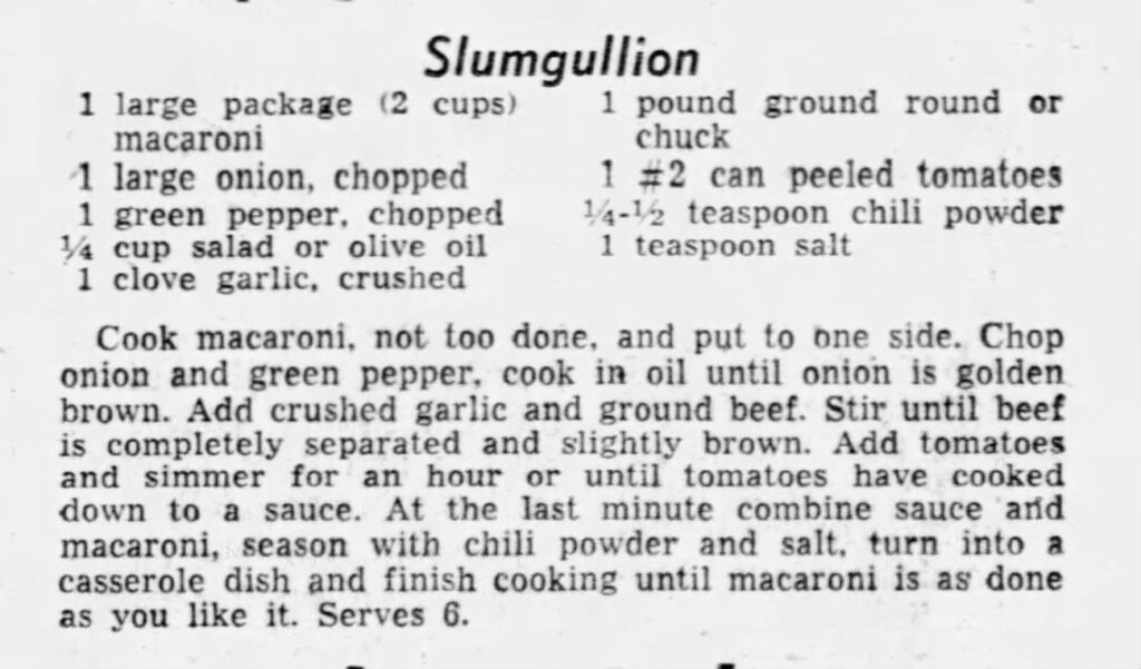 1962 Newspaper recipe for slumgullion