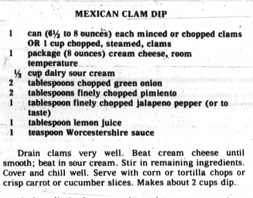 1978 recipe for Mexican Clam Dip
