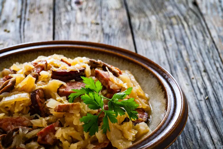 Old fashioned sauerkraut casserole with polish sausage