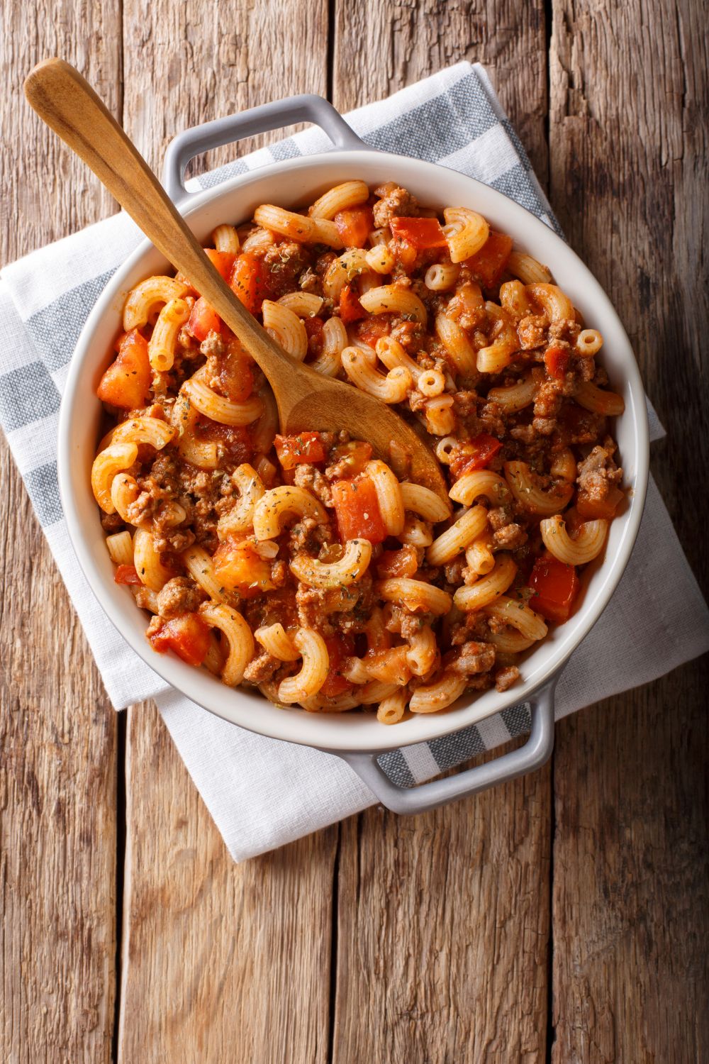 Casserole dish of old-fashioned Slumgullion; American goulash
