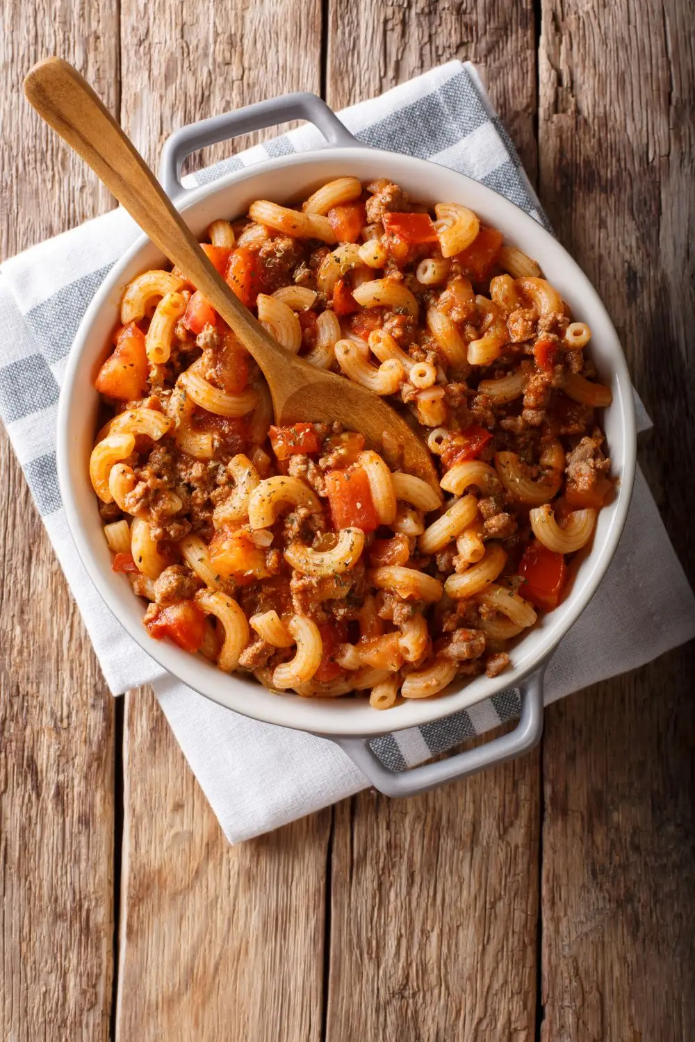 Casserole dish of old-fashioned Slumgullion; American goulash