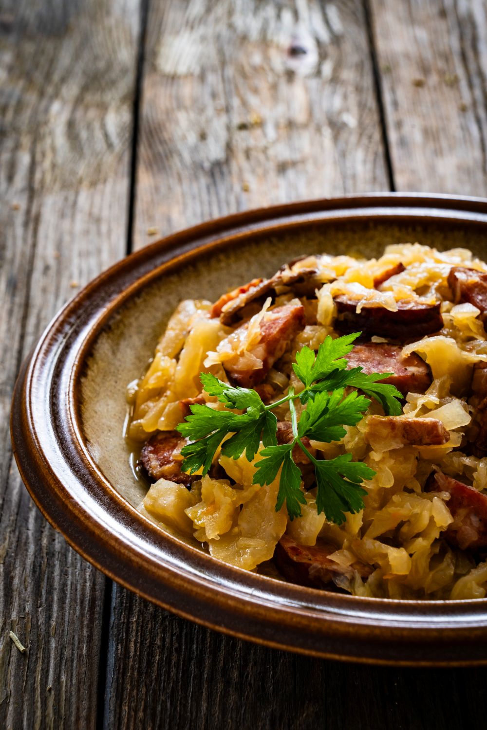 Old fashioned sauerkraut casserole with polish sausage