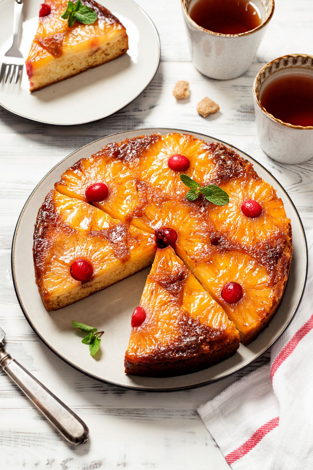Classic pineapple upside-down cake recipe on a white serving platter with golden caramelized pineapple rings, bright red maraschino cherries, and a tender vanilla cake crumb