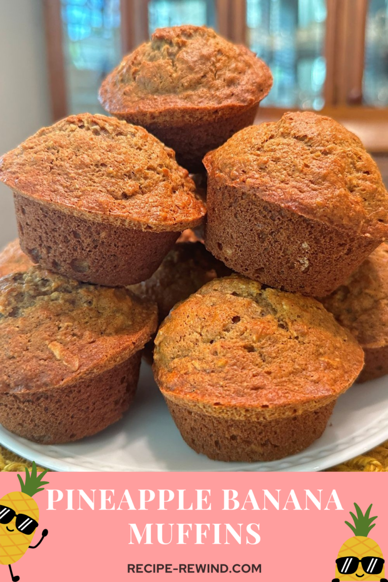 stack of pineapple banana bread muffins on a wooden cake stand