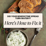 Benedictine spread in a bowl with a cutting board of pumpernickel bread