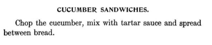 clipping of Jennie Benedict's cucumber sandwiches recipe from the book The Blue Ribbon Cook Book