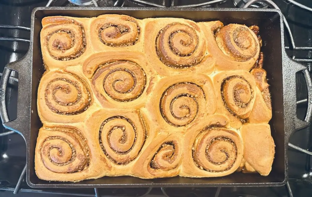 fresh baked pecan sticky buns before the pan flip