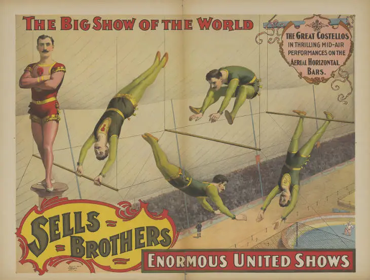 1895 Strobridge Circus Poster featuring The Great Costellos on the aerial horizontal bars