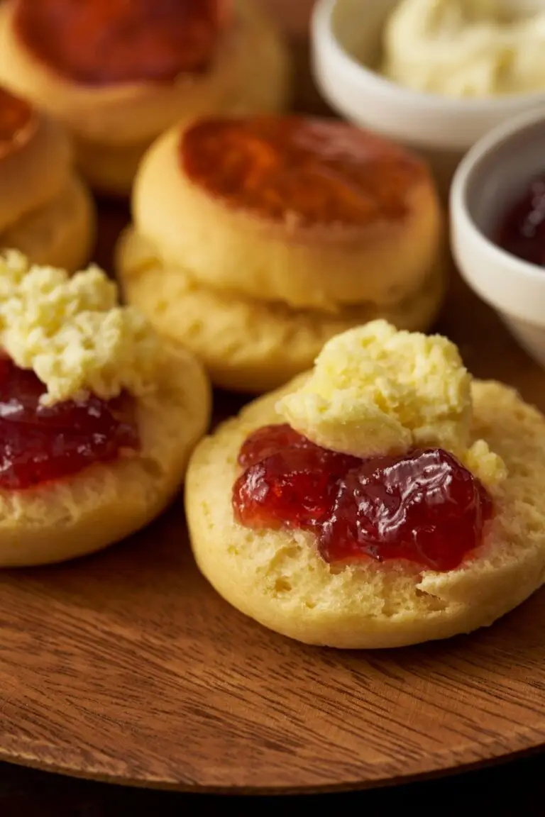 close up of scones topped with clotted cream and strawberry jam